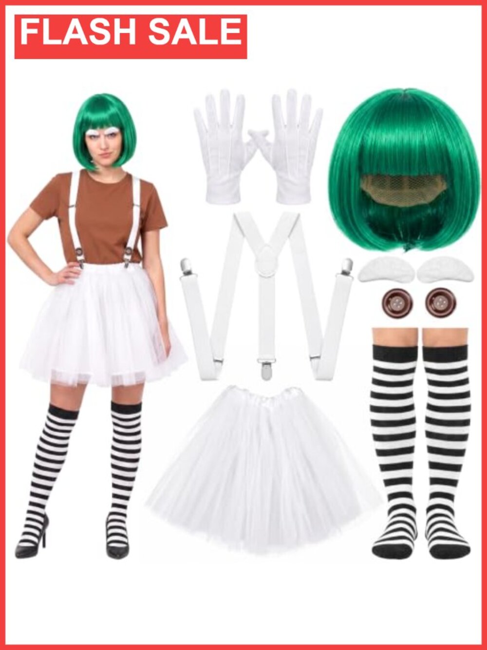 7 Pc Factory Worker Costume Set Green Wig Tutu Suspenders Socks Gloves Halloween
